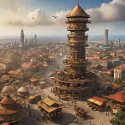 A creative rendering of Ghana with a surprise steampunk twist – envision Accra's skyline dominated by brass watchtower-like structures, the Gold Coast intertwined with steam machinery, and bustling markets filled with period-appropriate gadgetry.