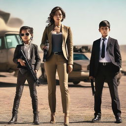 A beautiful lady agent and a handsome man agent, both around 25 years old, holding guns while standing beside two identical kids around 5 years old