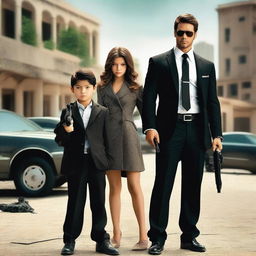 A beautiful lady agent and a handsome man agent, both around 25 years old, holding guns while standing beside two identical kids around 5 years old