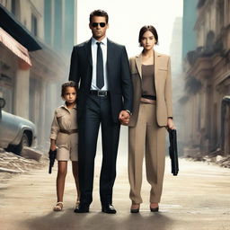 A beautiful lady agent and a handsome man agent, both around 25 years old, holding guns while standing beside two identical kids around 5 years old