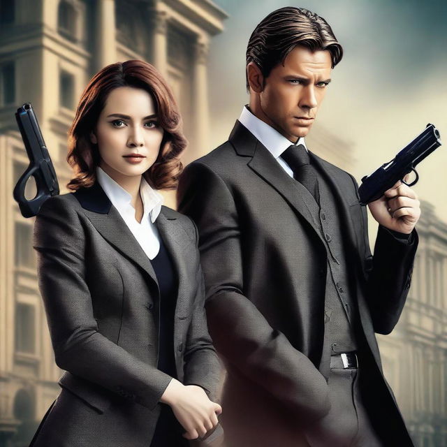 A beautiful lady agent and a handsome man agent, both around 25 years old, holding guns