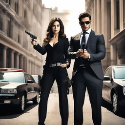 A beautiful lady agent and a handsome man agent, both around 25 years old, holding guns