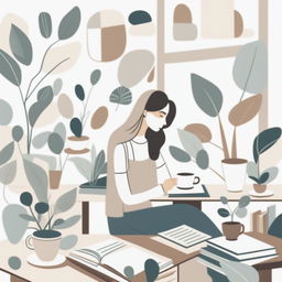 A neutral abstract illustration of a woman sitting at her desk with coffee and books, similar to the reference image but with fewer plants