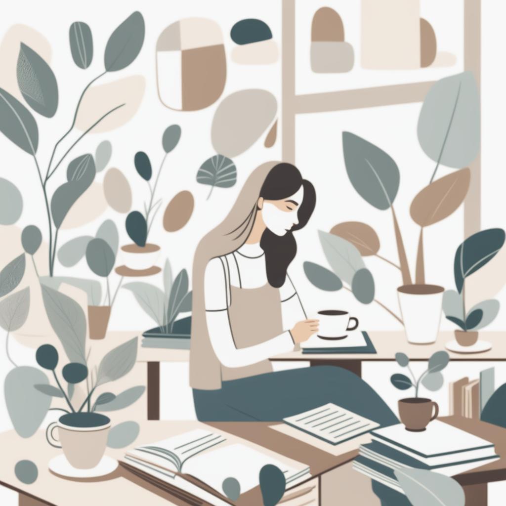 A neutral abstract illustration of a woman sitting at her desk with coffee and books, similar to the reference image but with fewer plants