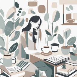 A neutral abstract illustration of a woman sitting at her desk with coffee and books, similar to the reference image but with fewer plants