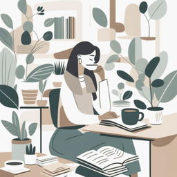 A neutral abstract illustration of a woman sitting at her desk with coffee and books, similar to the reference image but with fewer plants