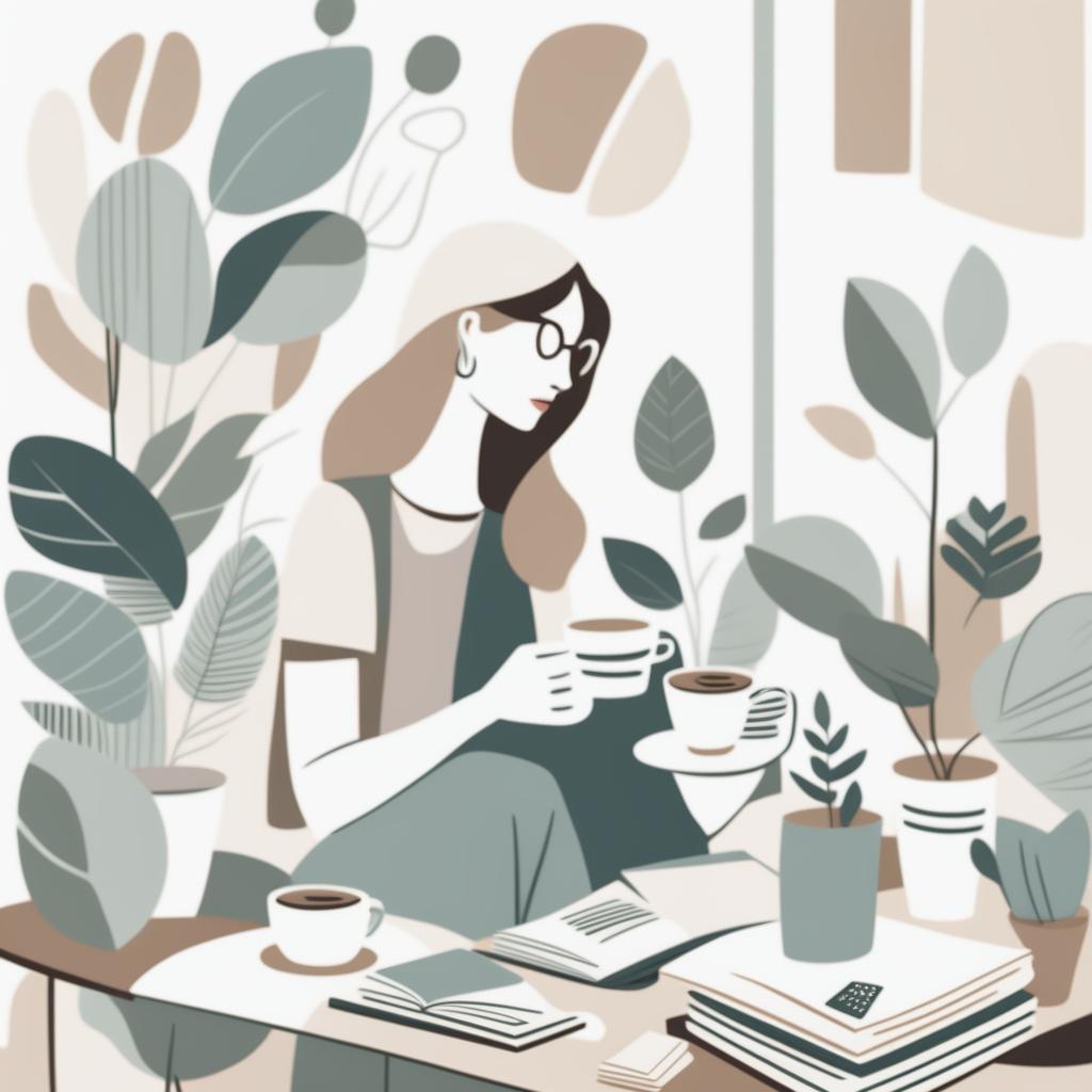 A neutral abstract illustration of a woman sitting at her desk with coffee and books, similar to the reference image but with fewer plants