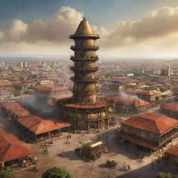 A creative rendering of Ghana with a surprise steampunk twist – envision Accra's skyline dominated by brass watchtower-like structures, the Gold Coast intertwined with steam machinery, and bustling markets filled with period-appropriate gadgetry.