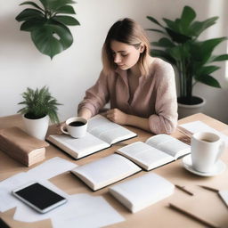 A woman sitting at a desk with multiple books and notes spread out