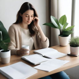 A woman sitting at a desk with multiple books and notes spread out