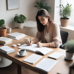 A woman sitting at a desk with multiple books and notes spread out