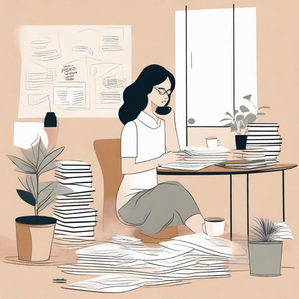 An abstract depiction of a woman sitting at a desk with multiple books and notes spread out