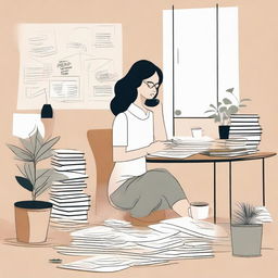 An abstract depiction of a woman sitting at a desk with multiple books and notes spread out