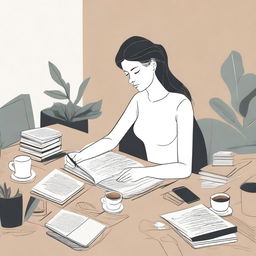 An abstract depiction of a woman sitting at a desk with multiple books and notes spread out