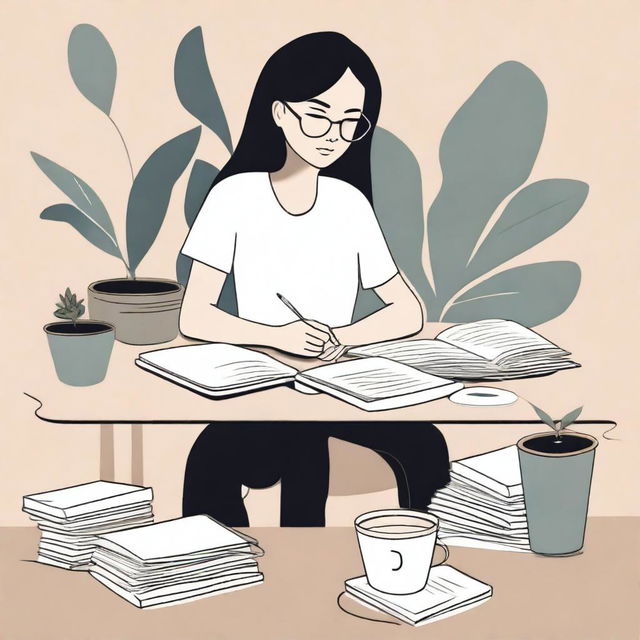 An abstract depiction of a woman sitting at a desk with multiple books and notes spread out