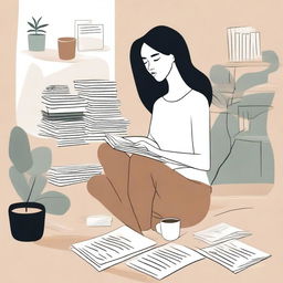 An abstract depiction of a woman sitting at a desk with multiple books and notes spread out