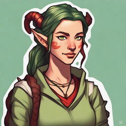 A 29-year-old Tiefling with marble-textured skin that is a mix of green and red