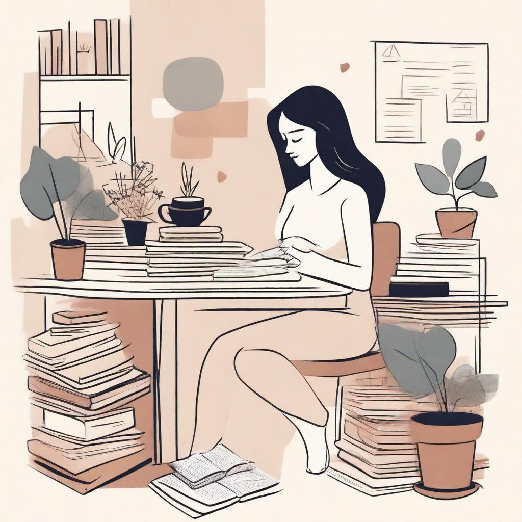 An abstract depiction of a woman sitting at a desk with multiple books and notes spread out