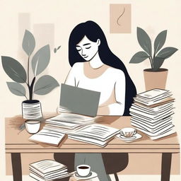 An abstract depiction of a woman sitting at a desk with multiple books and notes spread out