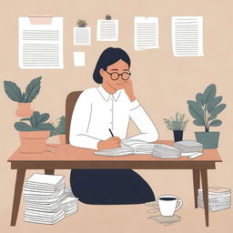 A teacher sitting at a desk with neutral colors, surrounded by notes, books, a cup of coffee, and small plants