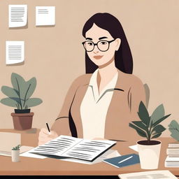 A teacher sitting at a desk with neutral colors, surrounded by notes, books, a cup of coffee, and small plants