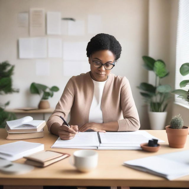 A teacher sitting at a desk with neutral colors, surrounded by notes, books, a cup of coffee, and small plants