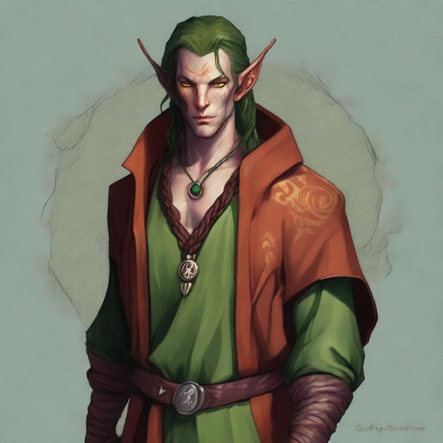 A Tiefling about 29 years old with a unique marble-textured skin tone that mixes green and red