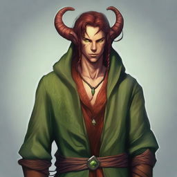 A Tiefling about 29 years old with a unique marble-textured skin tone that mixes green and red