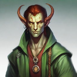 A Tiefling about 29 years old with a unique marble-textured skin tone that mixes green and red