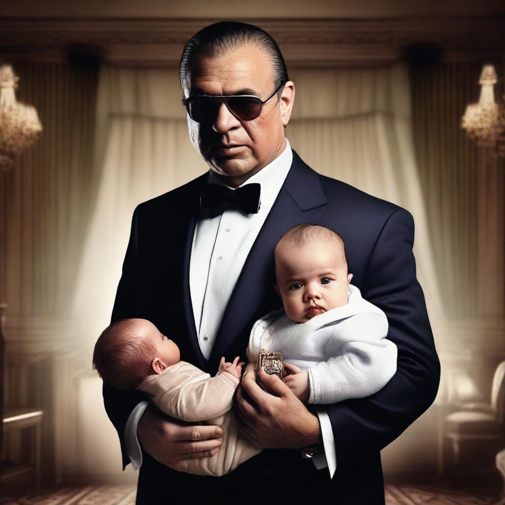 Create a dramatic and stylish image of a mafia billionaire holding an unexpected baby in his arms