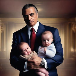 Create a dramatic and stylish image of a mafia billionaire holding an unexpected baby in his arms