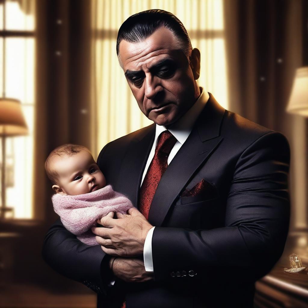 Create a dramatic and stylish image of a mafia billionaire holding an unexpected baby in his arms