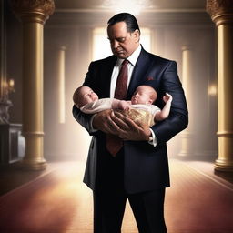 Create a dramatic and stylish image of a mafia billionaire holding an unexpected baby in his arms