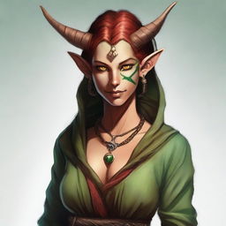 A female Tiefling about 29 years old with a unique marble-textured skin tone that mixes green and red