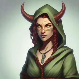 A female Tiefling about 29 years old with a unique marble-textured skin tone that mixes green and red