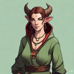 A female Tiefling about 29 years old with a unique marble-textured skin tone that mixes green and red