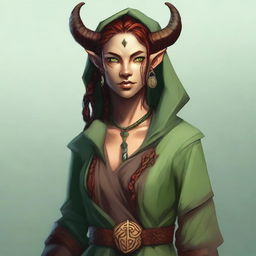 A female Tiefling about 29 years old with a unique marble-textured skin tone that mixes green and red