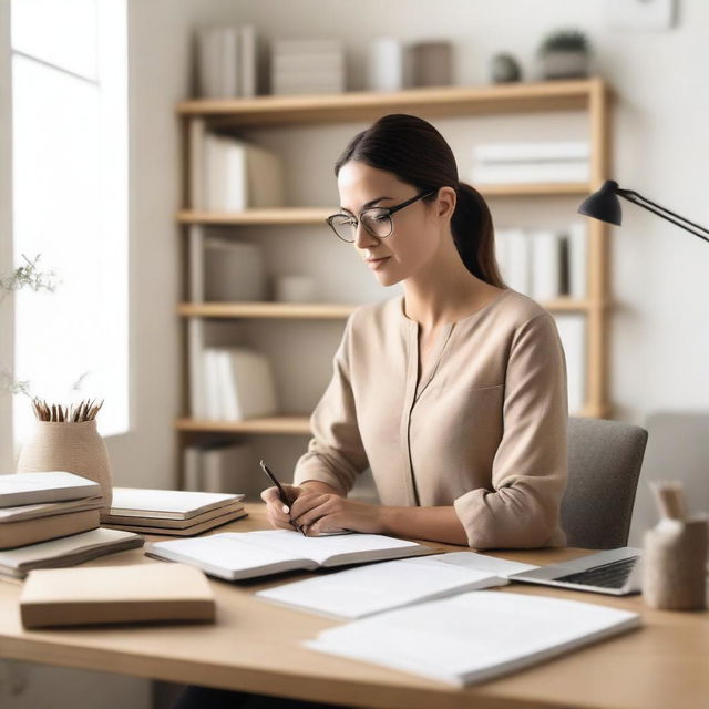 A neutral woman working at a desk with books, in a calm, simple, and serene environment