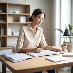 A neutral woman working at a desk with books, in a calm, simple, and serene environment