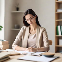 A neutral woman working at a desk with books, in a calm, simple, and serene environment