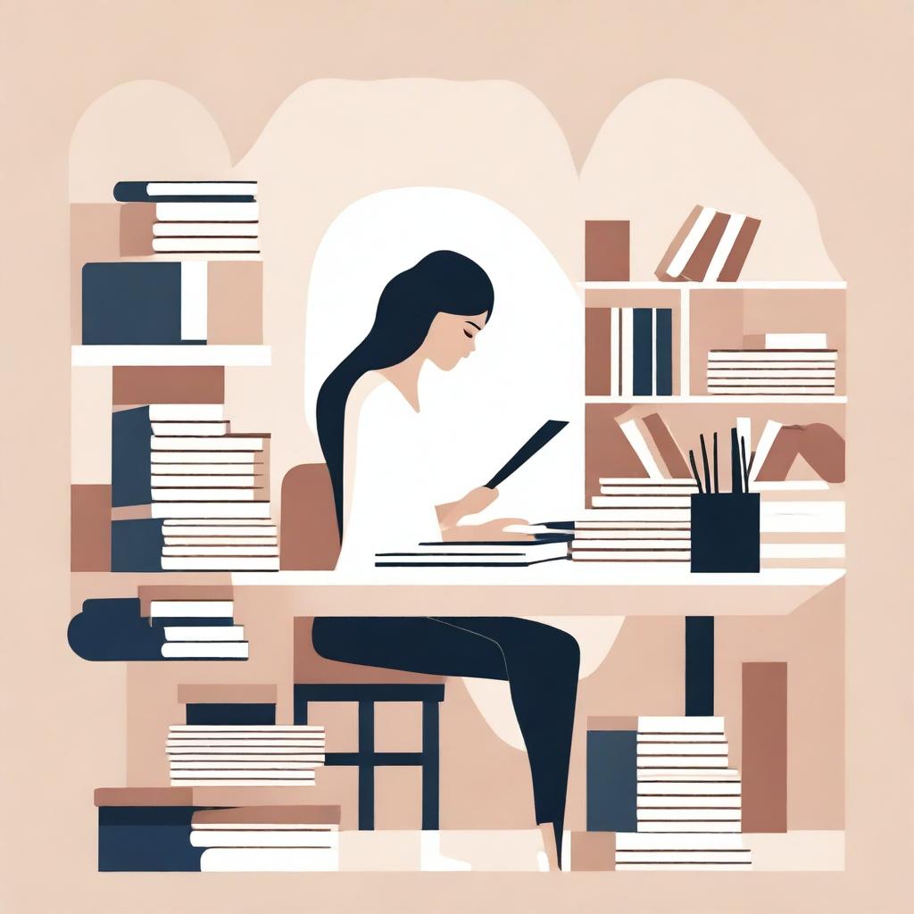 An abstract depiction of a neutral woman working at a desk with books, in a calm, simple, and serene environment