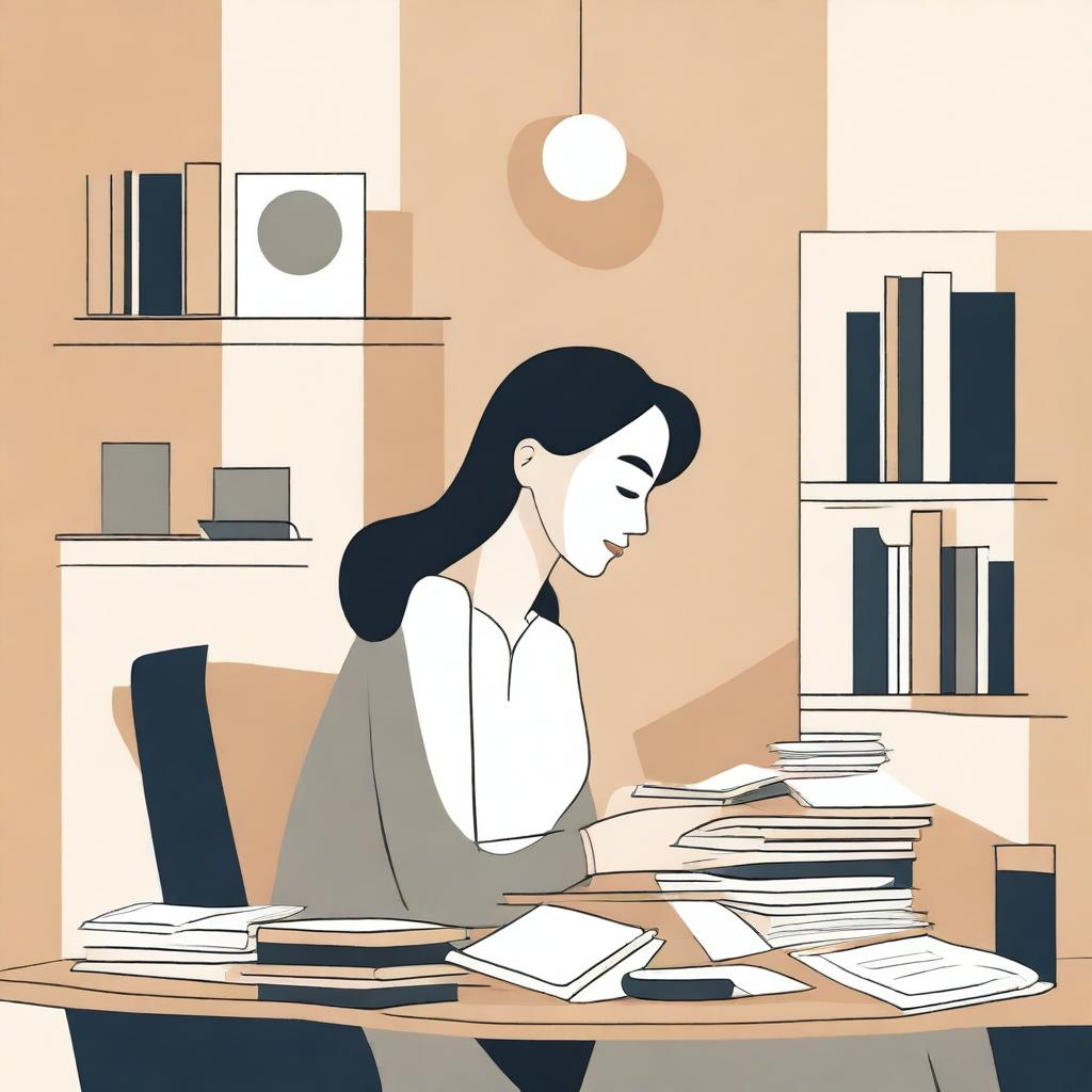 An abstract depiction of a neutral woman working at a desk with books, in a calm, simple, and serene environment