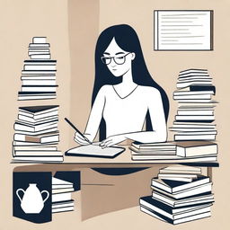 An abstract depiction of a neutral woman working at a desk with books, in a calm, simple, and serene environment