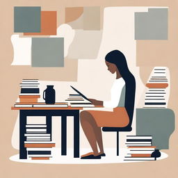 An abstract depiction of a neutral woman working at a desk with books, in a calm, simple, and serene environment