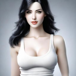 A beautiful girl with black hair and white skin, wearing a tank top that shows her cleavage