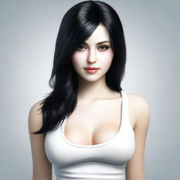 A beautiful girl with black hair and white skin, wearing a tank top that shows her cleavage