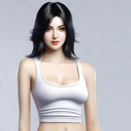 A beautiful girl with black hair and white skin, wearing a tank top that shows her cleavage