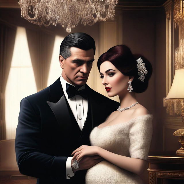 A dramatic scene featuring a mafia billionaire holding an unexpected baby, standing next to his elegant wife