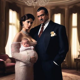 A dramatic scene featuring a mafia billionaire holding an unexpected baby, standing next to his elegant wife