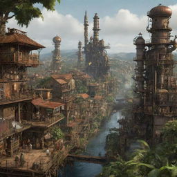 A vision of Guinea under the influence of steampunk, featuring Conakry with an antique industrial cityscape, Fouta Djallon highlands dotted with mechanical structures, and the lush rainforest inhabited by cog-work creatures.